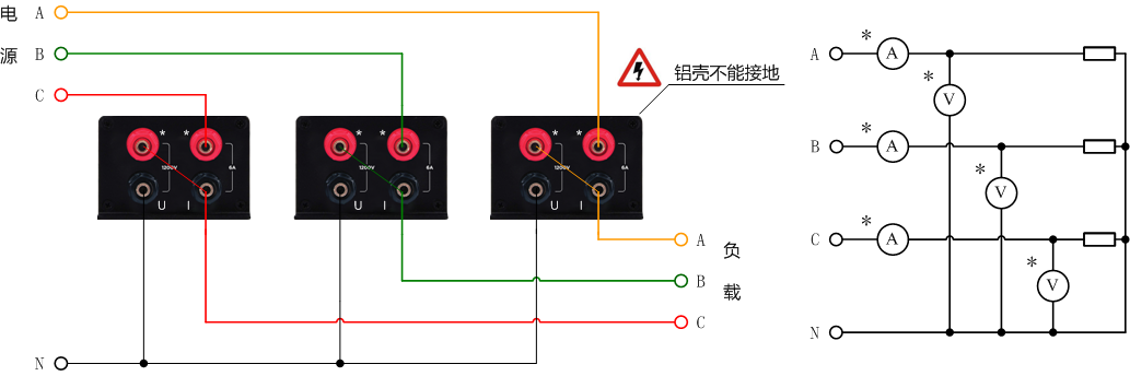 三相四線(xiàn)下功率計(jì)接線(xiàn)圖
